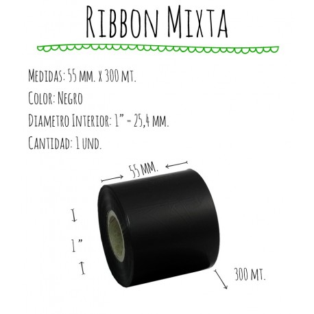 ROLLO RIBBON 055x300 NEGRO MIXTA