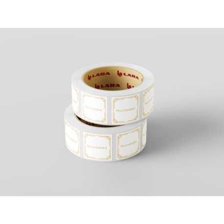 Rollo de 250 ETIQUETAS "FELICIDADES" MARCO CUADRADA