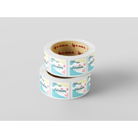 Rollo de 250 ETIQUETAS "FELICIDADES" CIELO CUADRADA