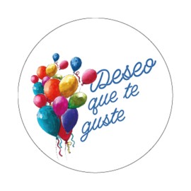 Rollo de 250 ETIQUETAS "DESEO QUE TE GUSTE" GLOBOS CIRCULAR