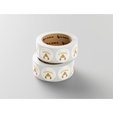 Rollo de 250 ETIQUETAS "FELICIDADES" REGALO CIRCULAR