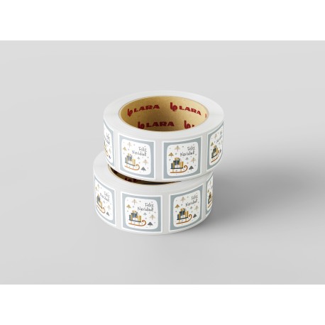 Rollo de 250 ETIQUETAS "FELIZ NAVIDAD" TRINEO CUADRADA